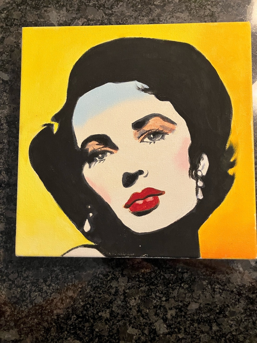 Hand-Painted Portrait of Elizabeth Taylor on Canvas in Black, Red & Yellow